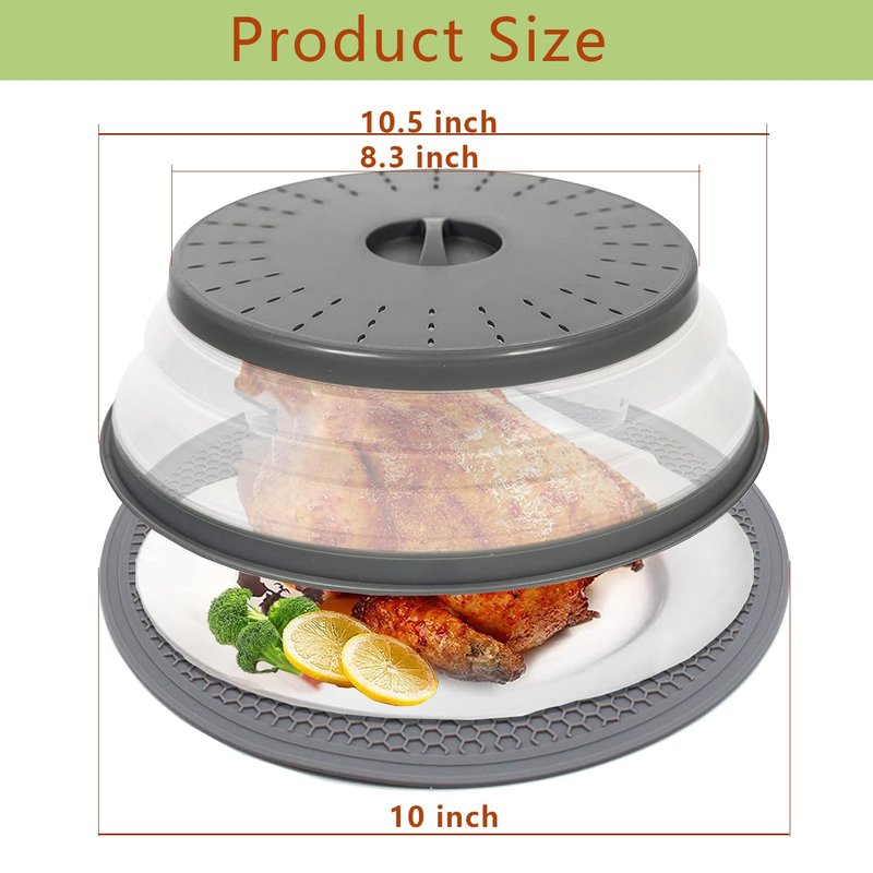 10.5" Microwave Splatter Cover for Food with 10" Mat, Collapsible & Vented Silicone Splatter Guard Lid with Handle Kitchen Gadget, Grey