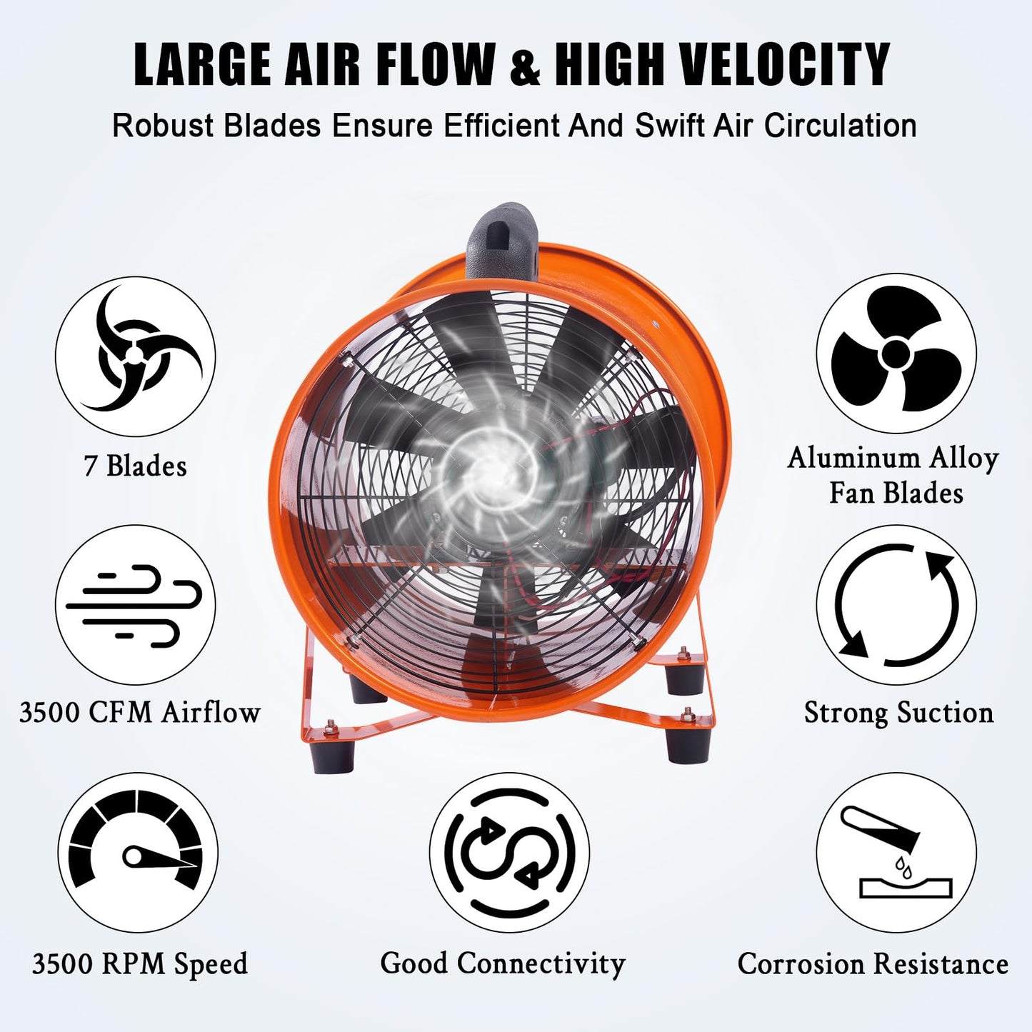 ActiveTrail 12 Inch Air Mover Blower Fan, 3500 CFM 580W Industrial Portable Ventilator Blower with 16 ft Flexible Duct,for Basements, Warehouse, Workshop, or Confined Space