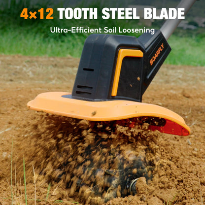 SOARFLY Upgraded Cordless Tiller for Gardening with Dual 2.0Ah Batteries, 48 Steel Tines Battery Rototiller, 9" Width 6.6" Depth Garden Tiller Cultivator for Soil, Tending & Composting (Orange)