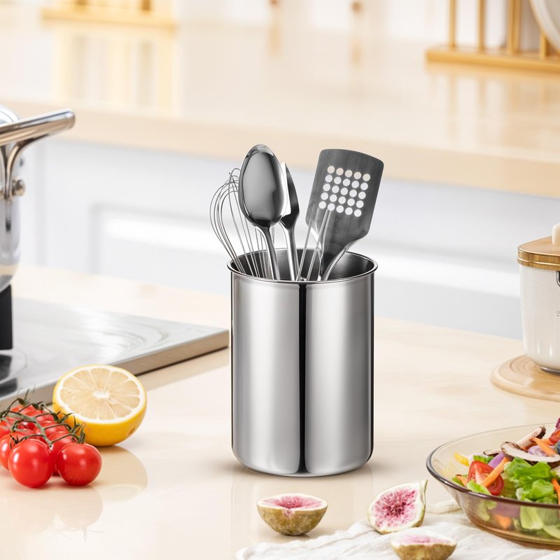 HOFURME 3 Pcs Cooking Utensil Holder for Kitchen Counter, 5.6 x 7.5 inch Metal Utensil Crock Stainless Steel Utensils Holder Container Canister Spatula Spoon Caddy Organizer (Silver)