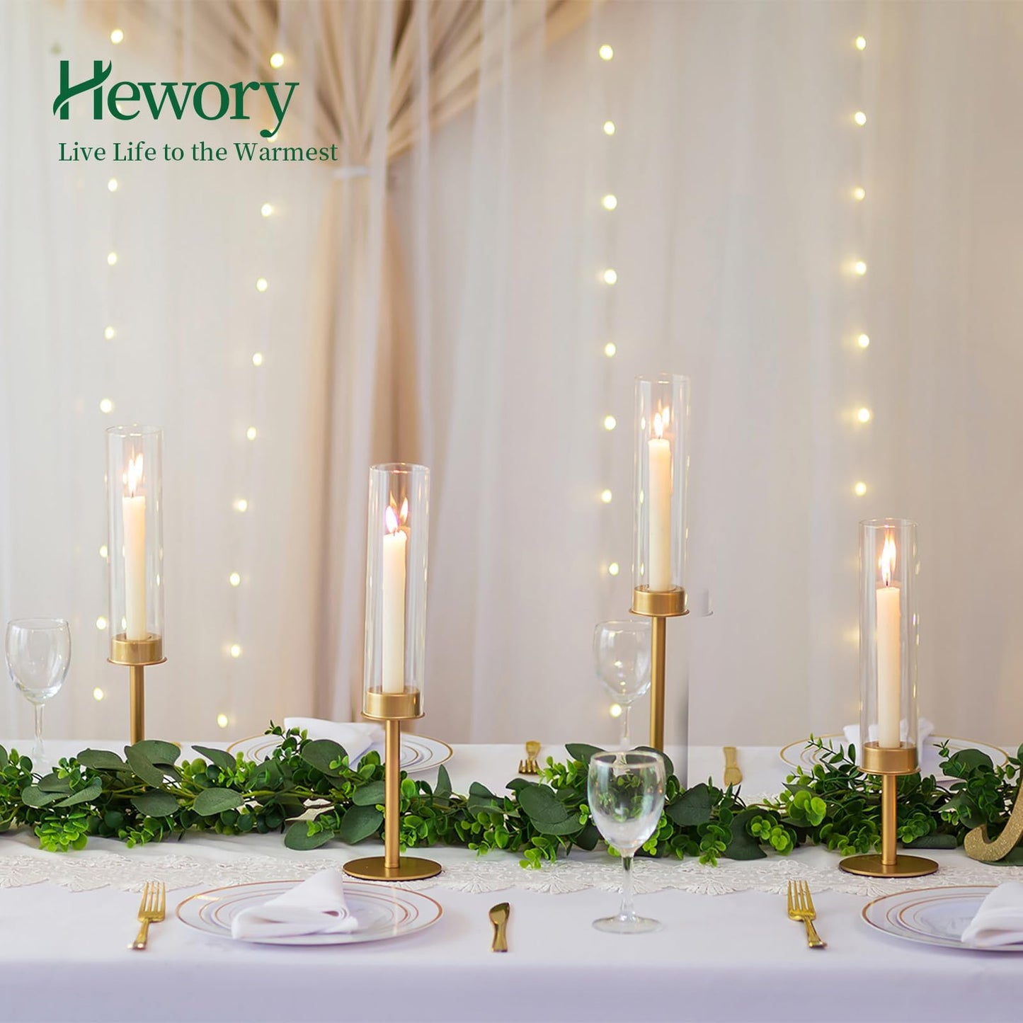 Hewory Gold Candle Holders, 12Pcs Brass Hurricane Candlestick Holders with Glass Candle Cover for Wedding Table Centerpiece Christmas Decor