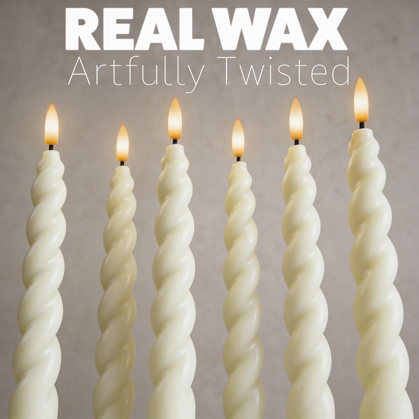 West Ivory Full Twisted Spiral Flameless LED Taper Candles – Ivory, Set of 6 – 2/4/6/8-Hr Timer (24-Hr Memory), Remote, Dimmable, Bottom On/Off Button, Flicker/Steady, Battery Operated