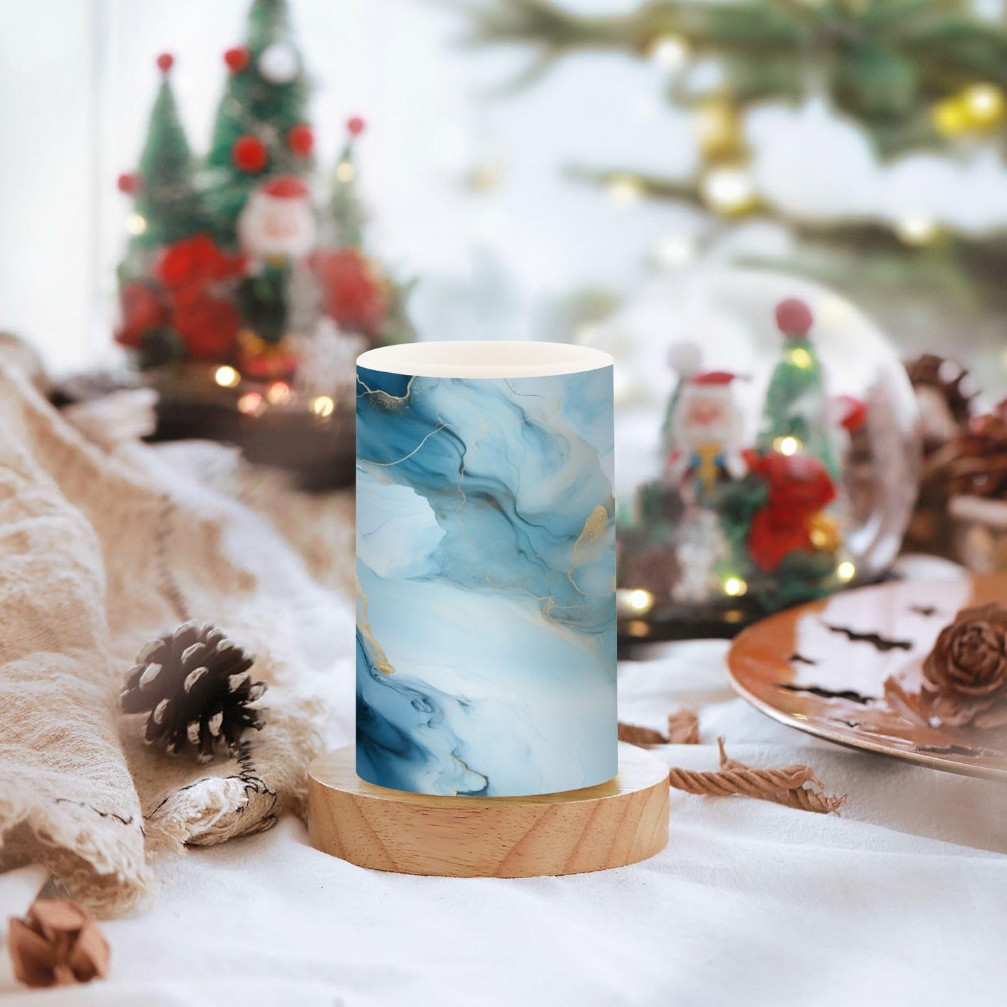 senya Lights Flameless Candles Gray Blue Marble Texture Pillar Candles Set of 2 Battery Operated Remote Control Warm Lights Home Decor