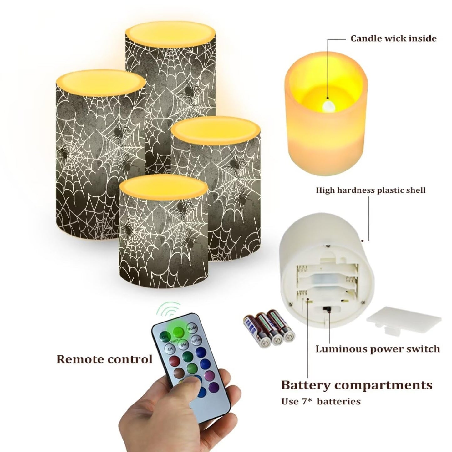 Merkmak Halloween Flameless Candles 4Pcs Battery Operated LED Candles with Timer Remote Spider Web Plastic Pillar Lights for Home Trick or Treat Party Decorations