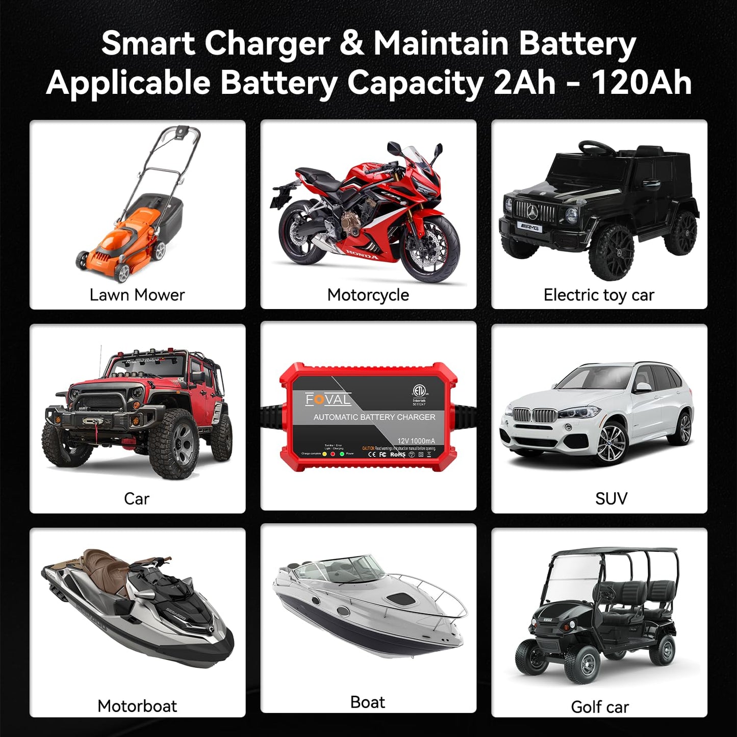 Foval Automatic Trickle Battery Charger 12V 1000mA Smart Battery Charger