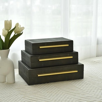 DECOR4SEASON Faux Shagreen Storage Boxes - Set of 3 Stackable Jewelry Organizers with Gold Handles & Velvet Lining, Modern Grey Design for Vanity & Entryway Decor
