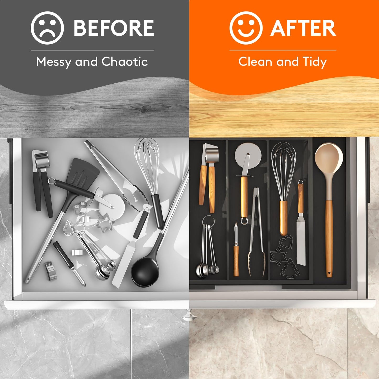 Lifewit Utensil Organizer for Kitchen Drawer, Expandable 13 to 22.4 Inches Wide, Adjustable Cooking Silverware Tray, Bamboo Cutlery Flatware Holder, Spatula Tools and Gadgets Storage Divider, Natural