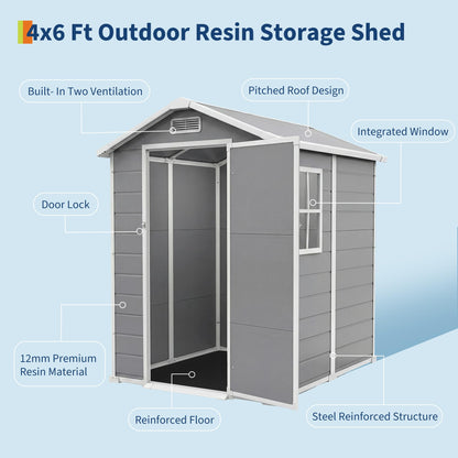Outdoor Storage Shed with Floor, Plastic Resin Garden Shed with Window & Sloping Roof & Lockable Door for Patio Backyard Garden, Lawn Mower, Bike, Tool Storage (Light Gray, 4' x 6')