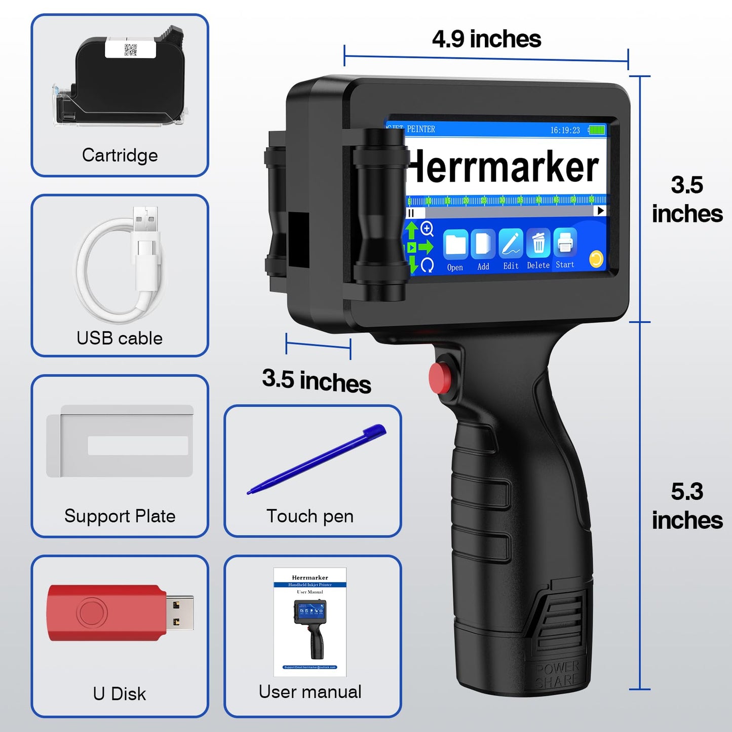 TIJ314 Handheld Inkjet Printer Gun, Handheld Printer with 42ml Quick-Drying Ink Cartridge, 4.3" Touch Screen Date Printing Machine for Barcode,Text,QR Code,Batch Number on Carton Plastic Tube Metal