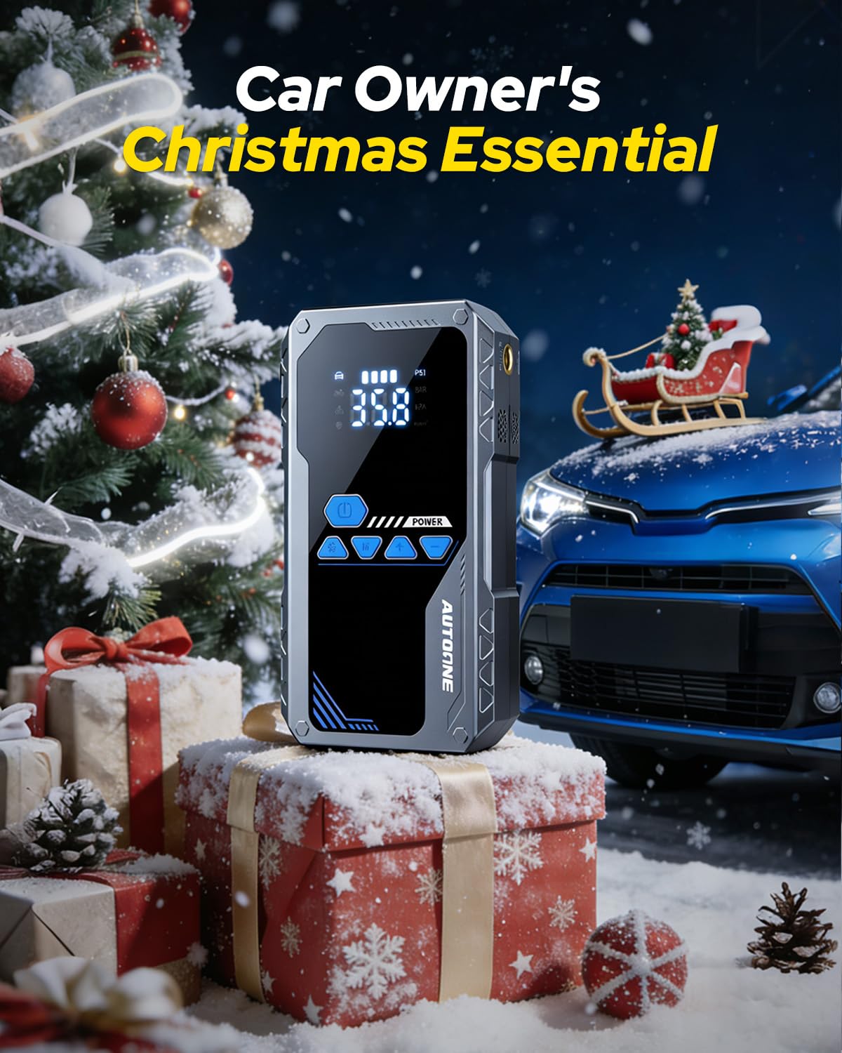 AUTOONE JWA2 Jump Starter with Air Compressor (All Gas/12L Diesel), 150PSI Car Jumper Starter Portable, Jump Box Tire Inflator with LED Flashlight, LCD Display, Storage Case