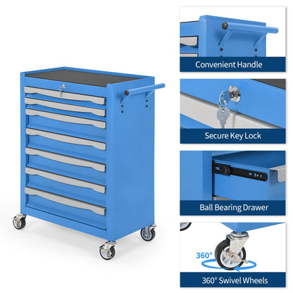 IDEALHOUSE Rolling Tool Chest, 7-Drawer Tool Chest with Drawers Modular,Mobile Heavy Duty Tool Box with Lock,Drawer Liners & Link Buckle, Steel Toolbox for Garage, Workshop, Warehouse, Blue