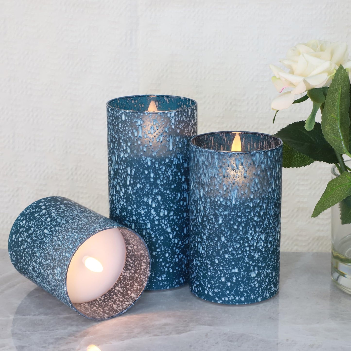 HJANDHJ Blue Flameless Candles with Remote and Timer, Real Wax Battery Operated Candles with Flickering Flame, Glass LED Pillar Candles for Home Wedding Decorations, Set of 3