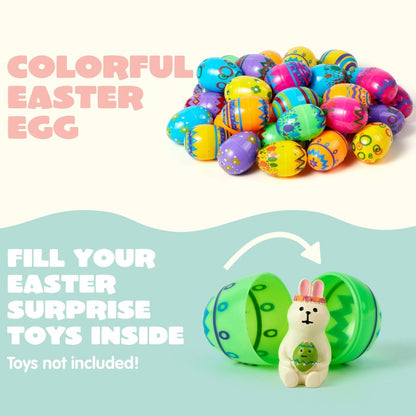 JOYIN 72PCS 2.3" Printed Empty Colorful Plastic Eggs Fillable, Bright Plastic Eggs Bulks for Festival Hunt, Filling Treats, Party Favor, Basket Stuffers, Classroom Prize Supplies