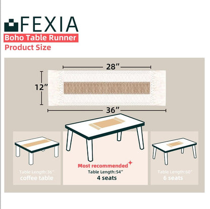 FEXIA Boho Table Runner for Thanksgiving Home Decor with Tassels 36 Inches Long Farmhouse Rustic Table Runner Cream & Brown Macrame for Boho Dining Bedroom Decor Rustic Bridal Shower (12x36 Inches)