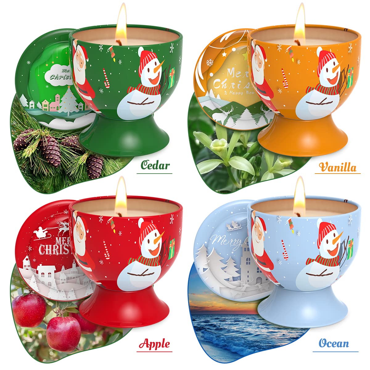 Set of 4 Christmas Snowman Santa Claus Scented Candles Gift Set for Home Women, 4.4oz Natural Soy Wax Strong Cedar, Lavender, Apple&Cinnamon and Vanilla&Jasmine Aromatherapy Candles