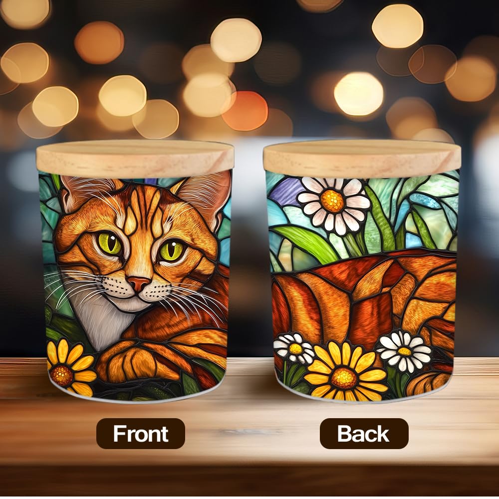 Stained Glass Cat LED Candle Holder with Bamboo Lid, Decorative Tea Light Jar, Orange Ginger Cat Design, 3.5x2.8 Inches