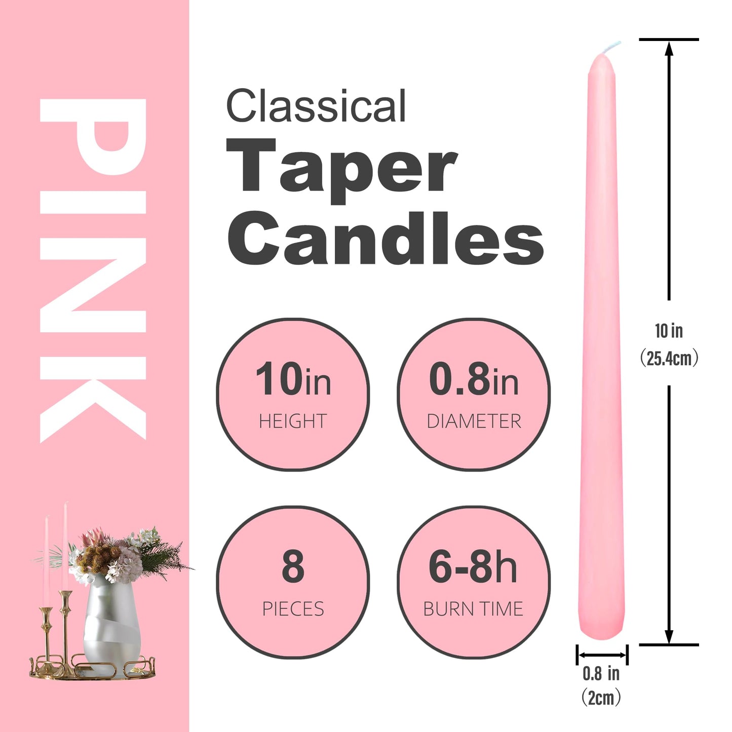 8 Pack 10 Inch Pink Taper Candles Long Burning Time and Dripless for Dinner Home Decor Wedding Shower