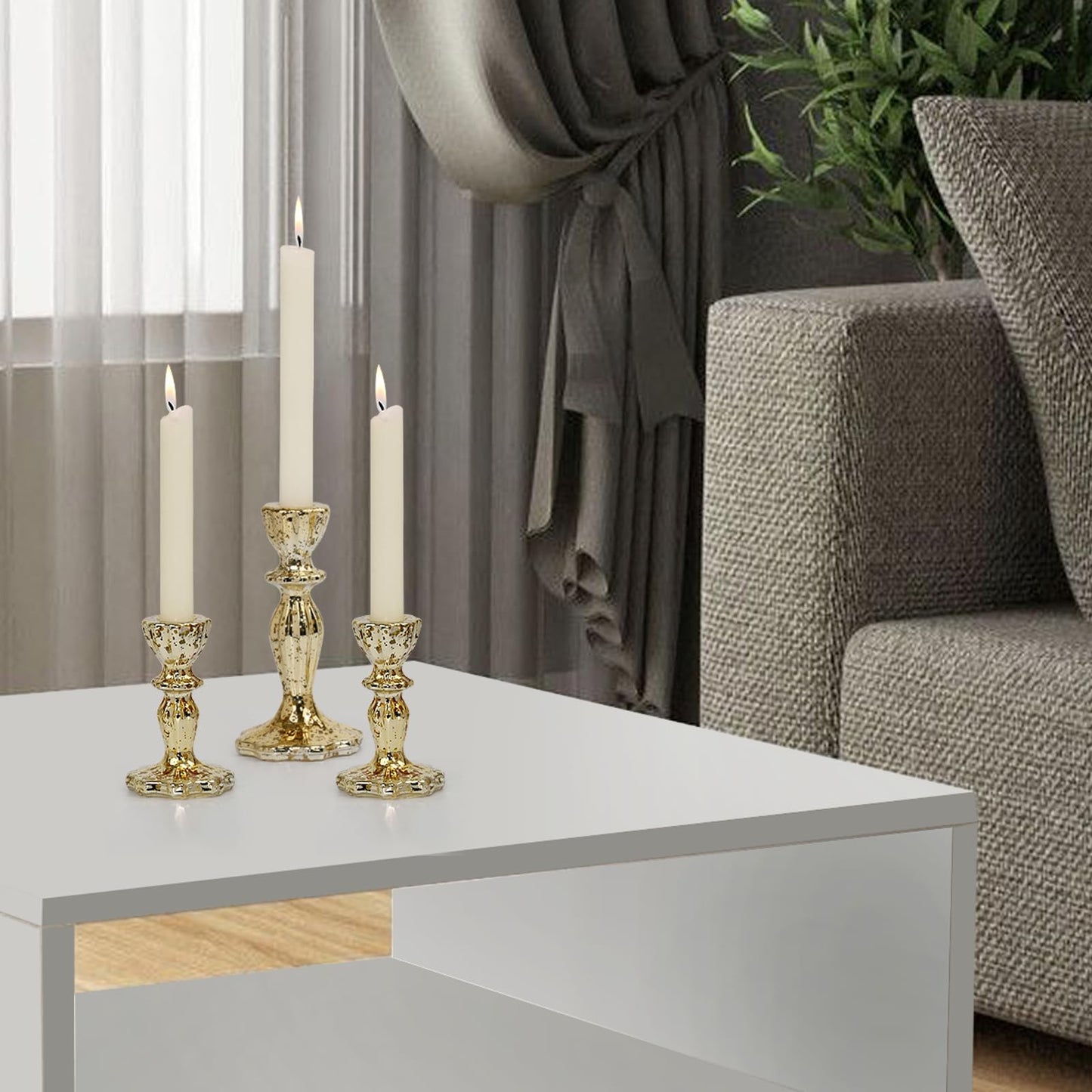 CHOCSTAY Candlestick Holders Set of 3, Gold Glass Mercury Candle Holders for Candlesticks, Table Centerpiece, Home Decor, Wedding, Birthday, Party, Christmas