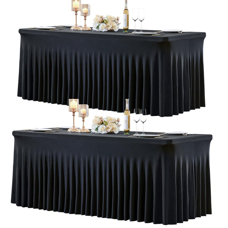 gogoparti 2 Pack Spandex Black Fitted Table Cloth for 6ft Rectangle Tables Black Stretch Tablecloth Table Covers Skirt Banquet Wrinkle Free Tablecloths for Parties Wedding
