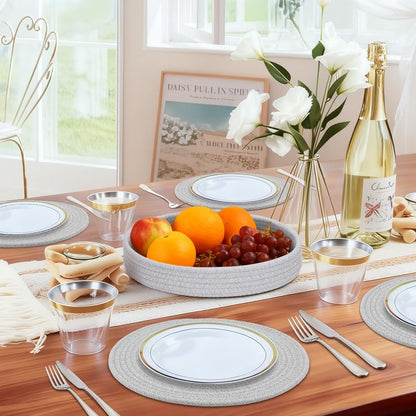 Round Placemats Set of 6 with Holder, Cotton Rope Woven Place Mats, Hot Pads for Kitchen, Heat Resistant Table Mats, 13 Inch Farmhouse Washable Braided Placemat for Kitchen Decor (Gray)
