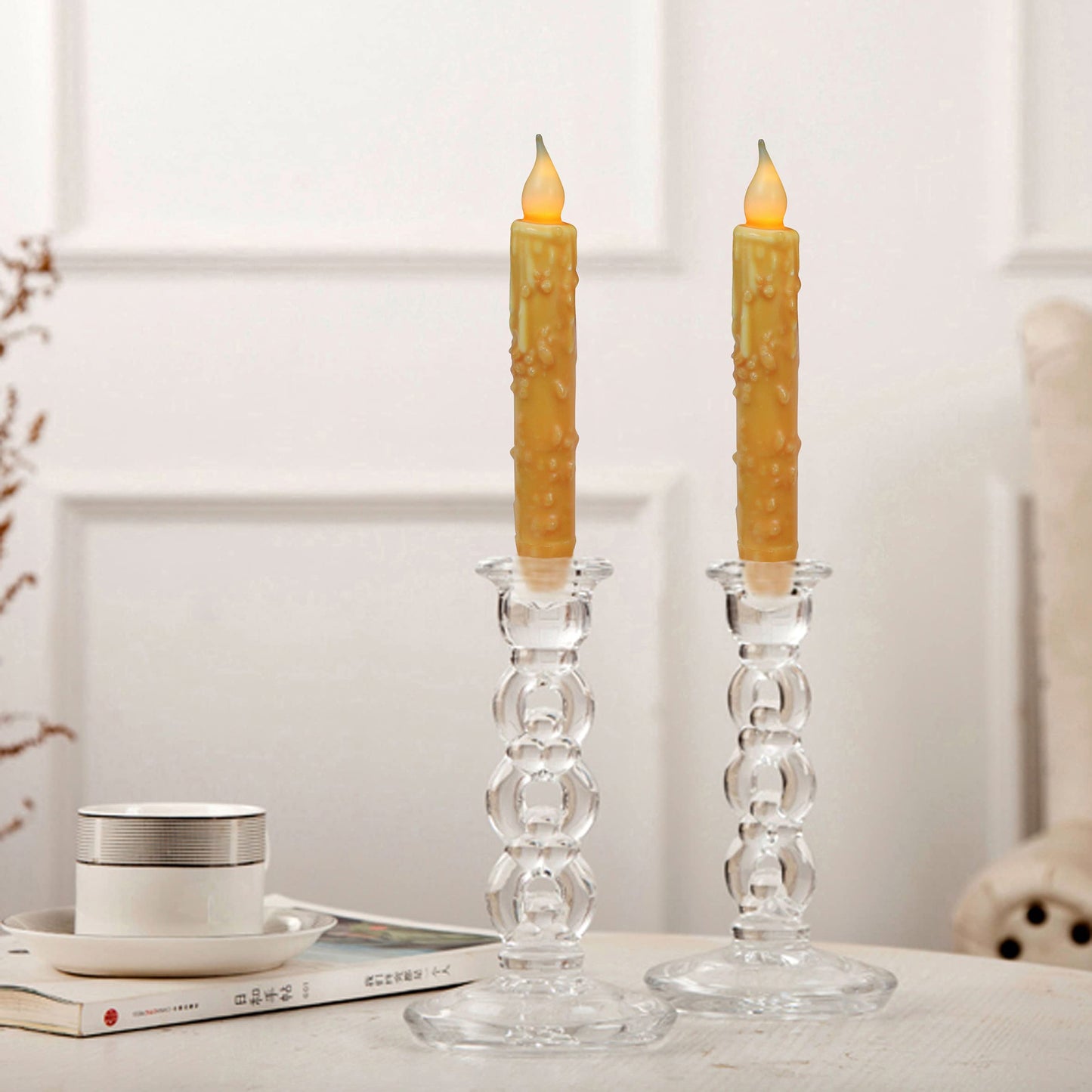 CVHOMEDECO. Real Wax Hand Dipped Battery Operated LED Timer Taper Candles Rustic Primitive Flameless Lights Decor, 6-3/4 Inch, Orange, 6 PCS in a Package