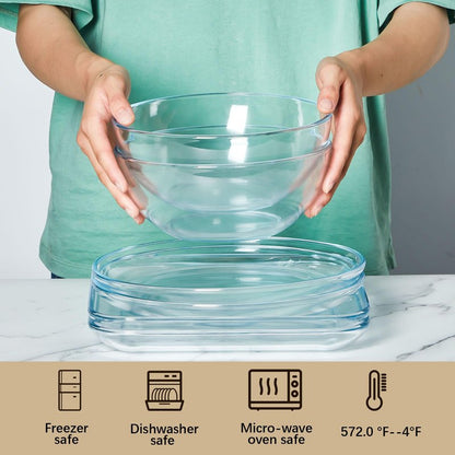 6 Pcs Clear Glass Dinnerware Set Glass Plates and Bowls with Blue Tint Round Square Tempered Plates 10'' and Kitchen Serving Bowl 8'' for Dessert, Salad, Fruit, Dishwasher and Microwave Safe