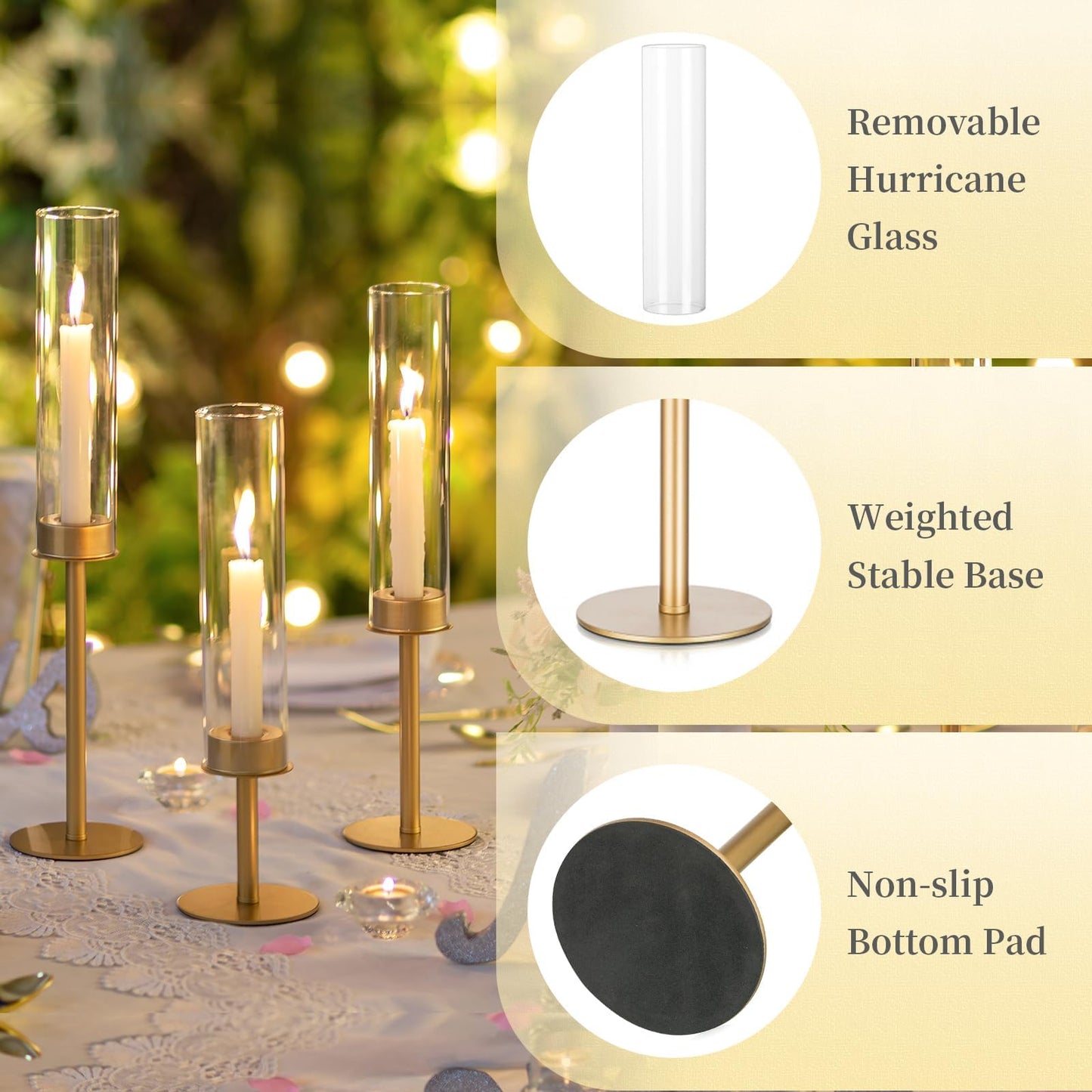 Hewory Gold Candle Holders - 6Pcs Brass Hurricane Candlestick Holders with Glass Candle Cover for Wedding Table Centerpiece Christmas Decor