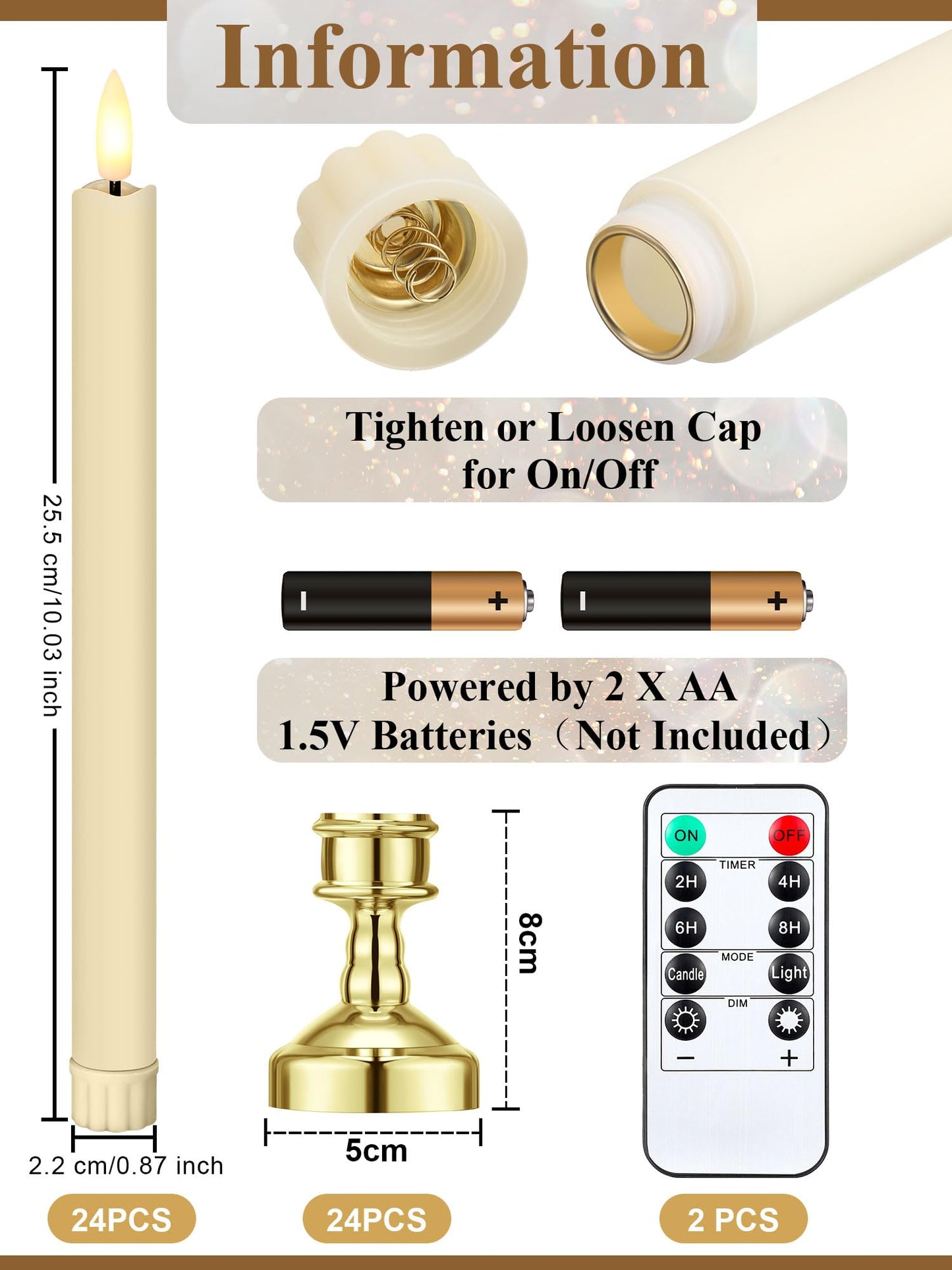 VIHOSE 24 Pcs Flameless Taper Candles with Holders Remote Timer Battery Operated Candles Bulk LED Candlesticks Flickering for Valentines Wedding Home Window Carnival Party Decor(Gold,Elegant Style)