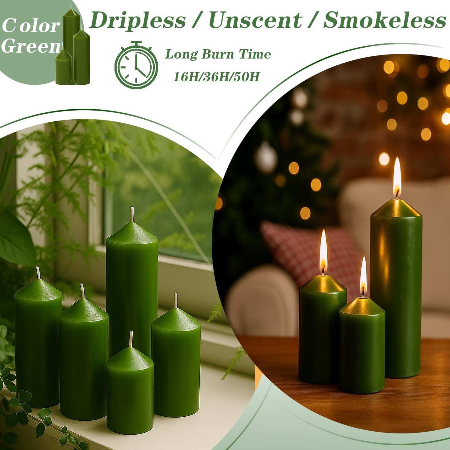 Veiuwa 36 Pcs Green Pillar Candles Bulk Set，Hurricane Candles，3 Different Lengths (12 Each)，Dripless Unscented Smokeless，Gives You a Better Atmosphere When Organizing Wedding or Event Party.