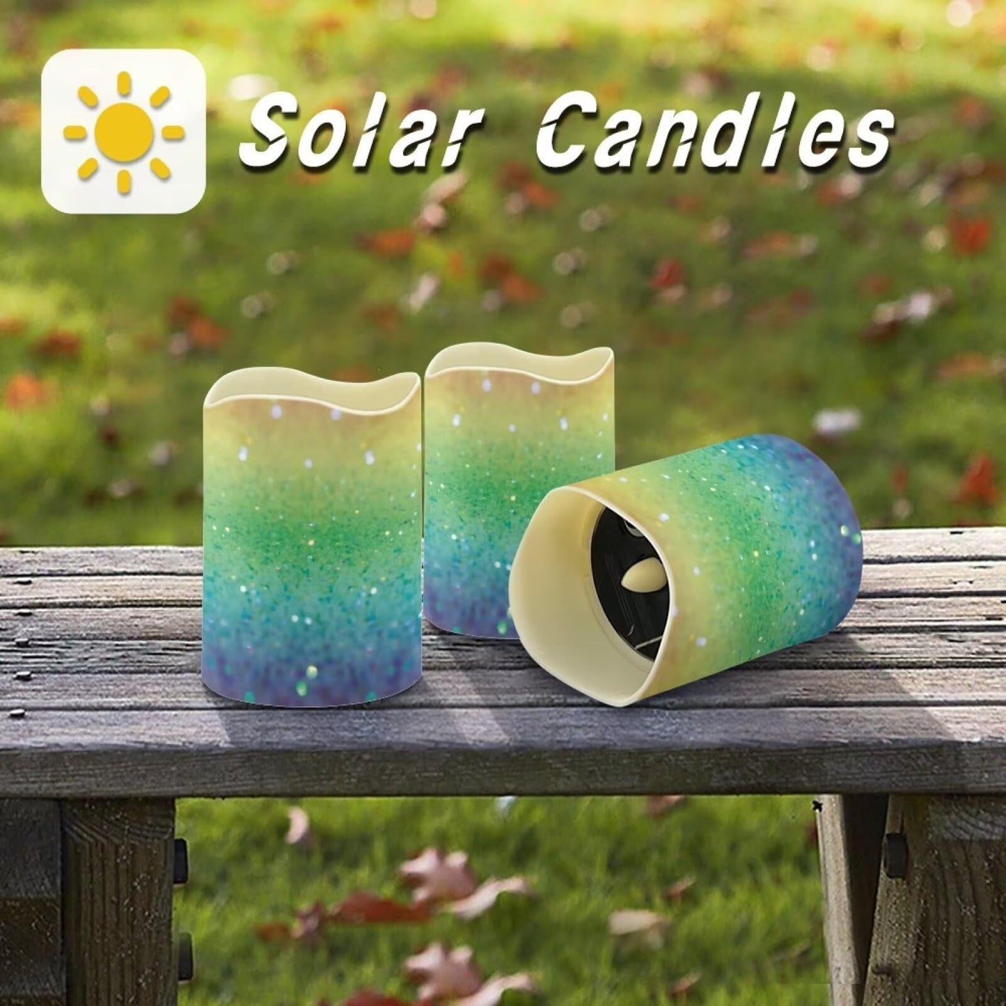 HUISEFOR Glitter Candles Solar Powered Flameless Taper Candles Flickering Electric Tealights Candles with Dancing Flame Dusk to Dawn Solar Power Candles for Home Landscape Romantic Night Decor
