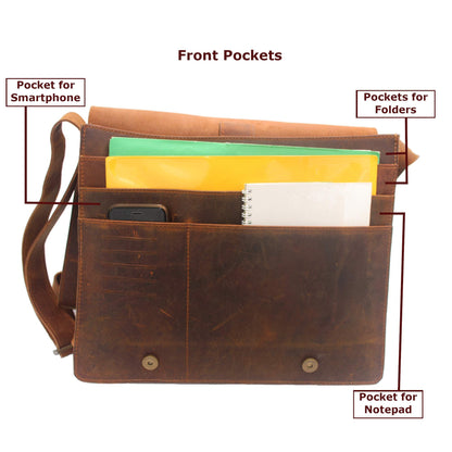 L LEATHERESQUE Chelsea Handmade Genuine Leather Crossbody Laptop Messenger Shoulder Bag 14 inch Satchel for Men and Women Crazy Horse Distressed Vintage Brown