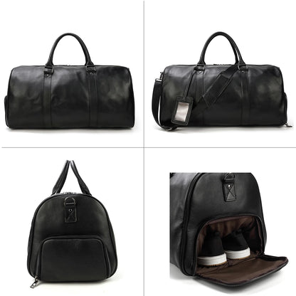 LUUFAN Leather Travel Bag Large Capacity Luggage Duffel Bag with Shoe Compartment, Men Women Weekend Shoulder Handbag for Holiday Business Trip (55cm-Black)