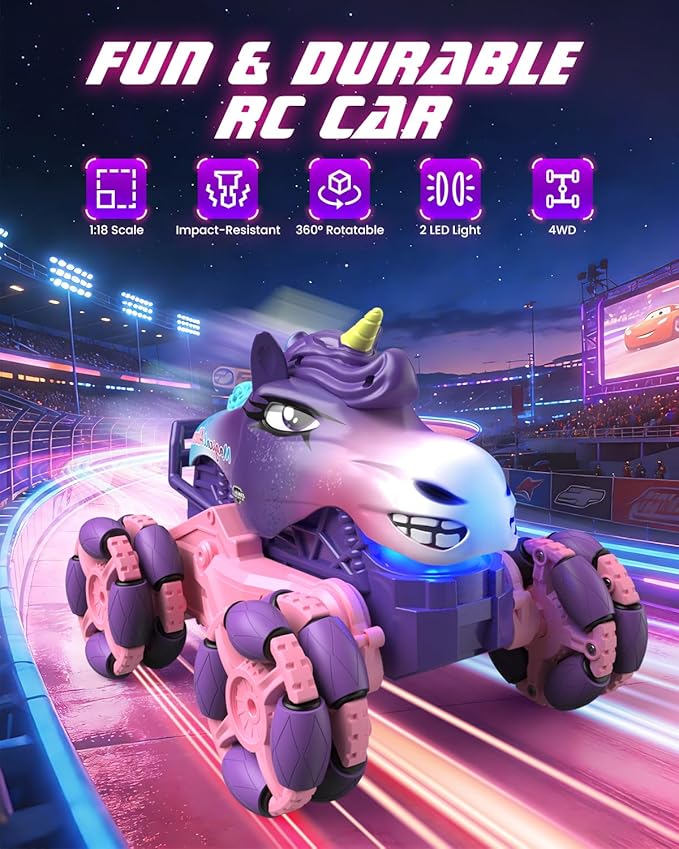 Remote Control Car 1:18 Pink Unicorn Monster Truck 360° Spin-Dance Light Music with Spray 2.4 GHz 4WD 120 Min Runtime Off-Road for Indoor &amp Outdoor Fun Toy Birthday Gifts for Girls Age 3+