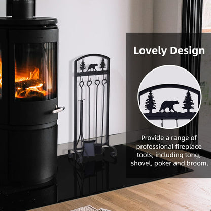 SCENDOR 5 Pieces Fireplace Tools Set 30.5 Inch Wrought Iron Fire Place Pit Poker Holder Brush and Stand Accessories Set Christmas Animal Pattern Outdoor Indoor