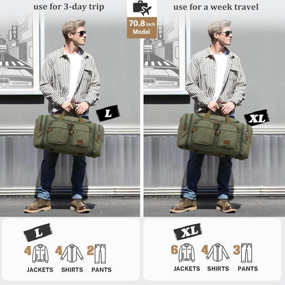 Gonex Canvas Duffle Bag for Travel, Expandable Water Resistant 60L Carry on Duffel Overnight Weekender Gym Bag with Wet Dry Separation Pocket & Suitcase Handle Sleeve, Army Green