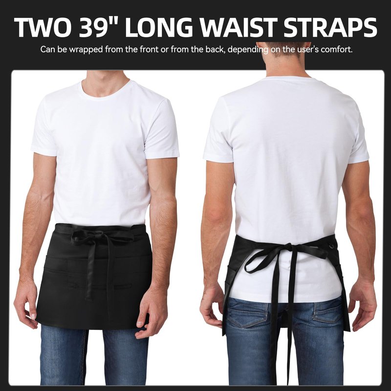 NLUS 2 Pack Server Apron with 8 Pockets, Water-Resistant Waiter Waitress Waist Half Apron for Women Men, 12 x 24 Inch - Black