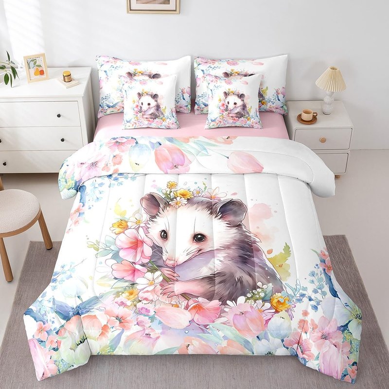 Feelyou Cute Opossum Comforter Set Twin 7 Pcs Cartoon Animal Theme Bedding Set Flower Floral Print Farmhouse Zoo Wildlife Style Decor Bed in a Bag with Comforter, Sheets, Pillowcases & Cushion Cover