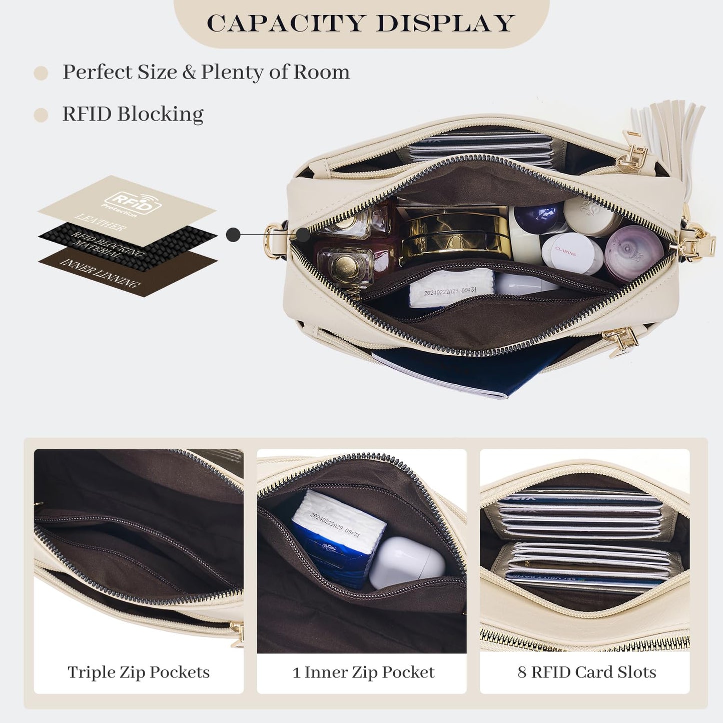 Roulens Triple Zip Small Crossbody Bag for women,Wide Strap Cell Phone Purse Shoulder Handbag Wallet with Credit Card Slots