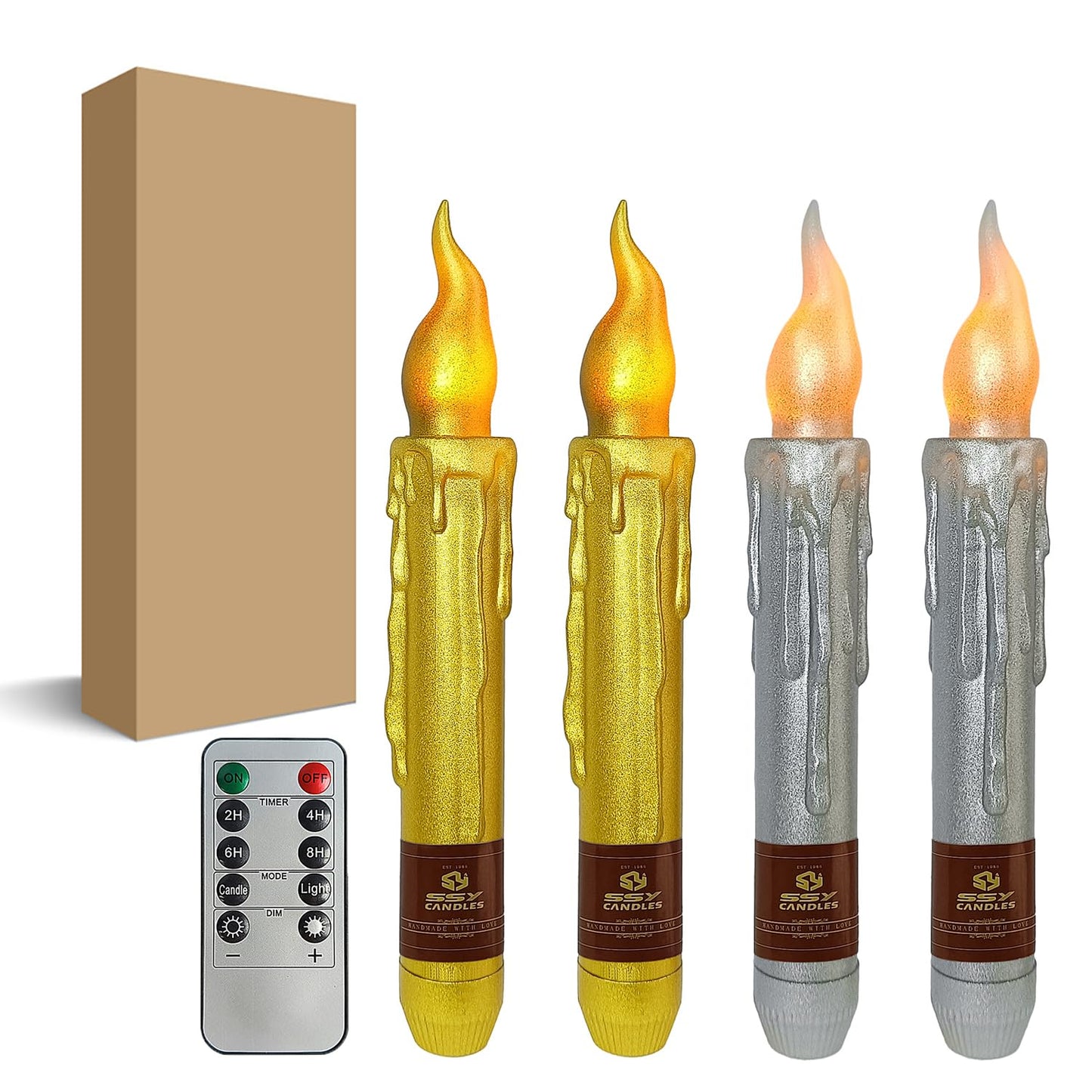 FCMSHAMD Gold Silver Christmas Flameless Short Taper Candles, Red Green LED Battery Operated with Remote, Flickering Flame Lights for Home Décor, 6.7 Inch Primitive Flameless Print Candles, 4PCS