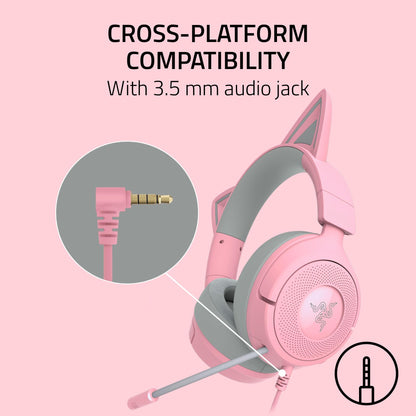 Razer Kraken Kitty V3 X Wired Gaming Headset: Kitty Ears - HyperClear Cardioid Mic - 40 mm Drivers - 7.1 Surround Sound - Comfy Ear Cushions - Cross-Platform via 3.5mm PC, PS5, Xbox, Switch 2 - Pink