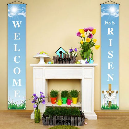 He Is Risen Porch Banner Easter Christian Cross Lily Religious Holiday Party Front Door Sign Wall Hanging Party Decoration