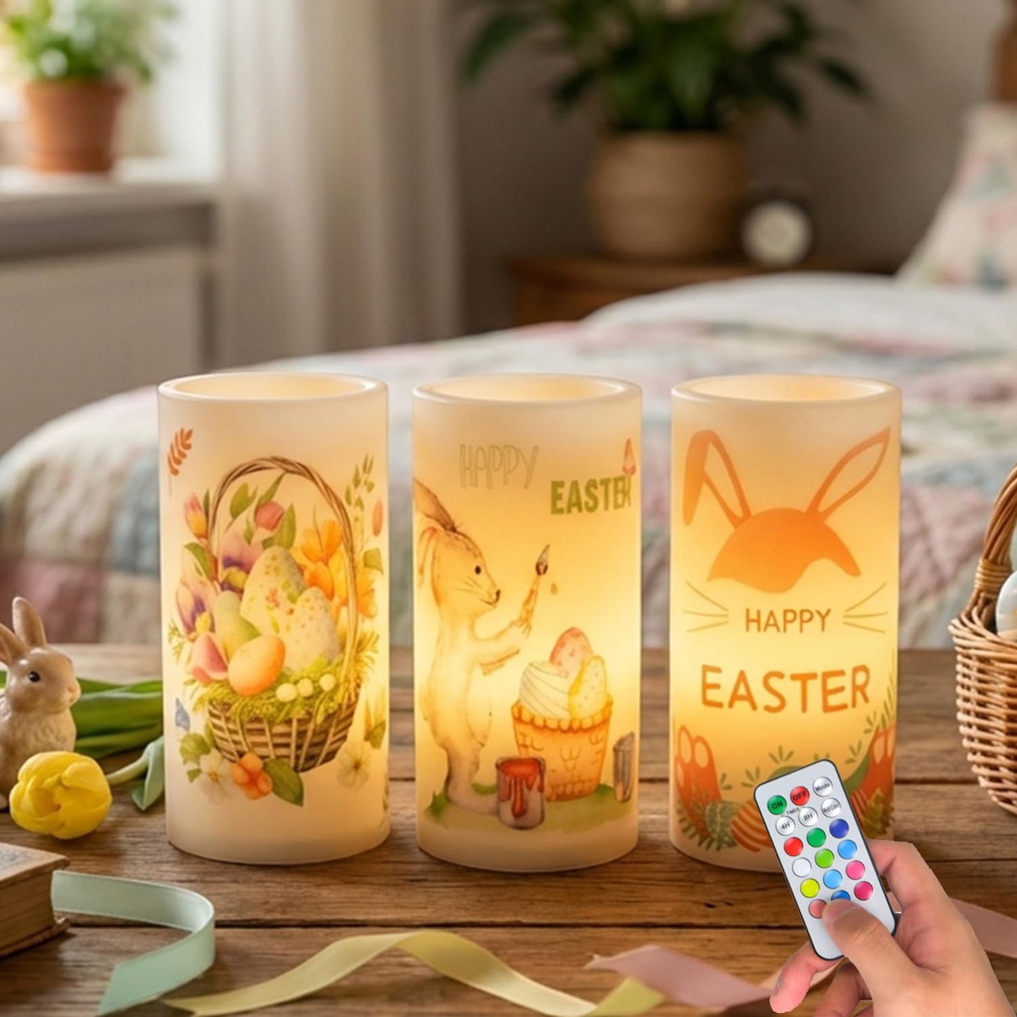 Aulaygo 3PCS Easter Flameless Candles with Remote Control,Happy Easter Bunny Flower Rabbit Spring LED Candle Battery Operated for Easter Theme Party Home Decor,Mother's Day Decor