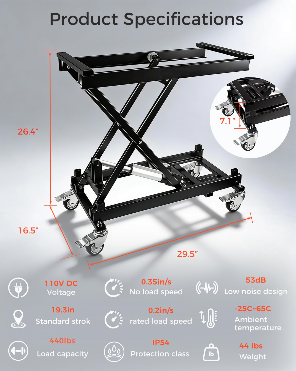 Electric Scissor Lift Table 440LBS Capacity with 4 Wheels, 7.1-26 in Adjustable Height Lifting Platform with Wired/Wireless Remote, for DIY Working Platform, Desk, Material Handling