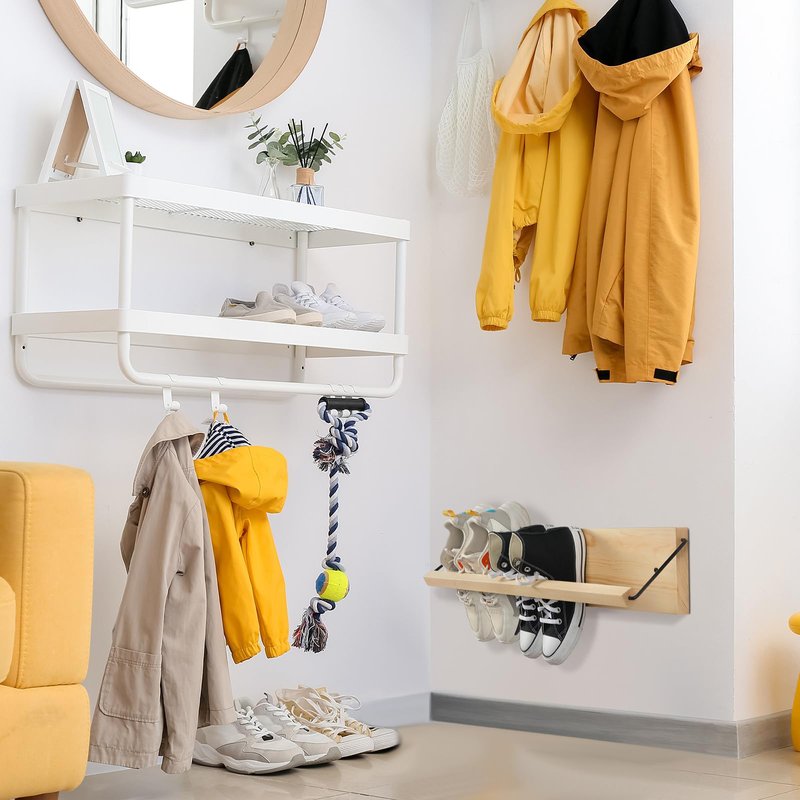 Mifoci 2 Pcs Wall Mounted Shoe Rack Organizer Wooden Modern Compact Wall Space Saving Shoe Holder Storage for Sneaker Footwear Slipper Boots Entryway Narrow Spaces Hallway(28.35'' Long)