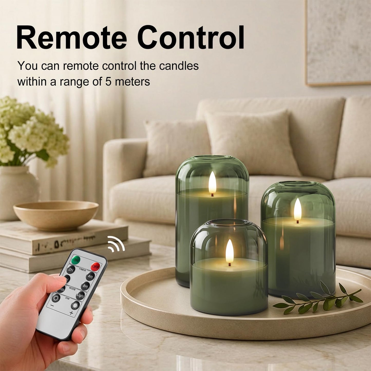 Mid Century Modern & Boho Home Decor, 3-Pack Olive Green Glass Battery Operated Candles, Flameless LED Pillar Candles with Remote & Timer, Realistic Flickering 3D Wick for Mantel, Shelf, Entryway