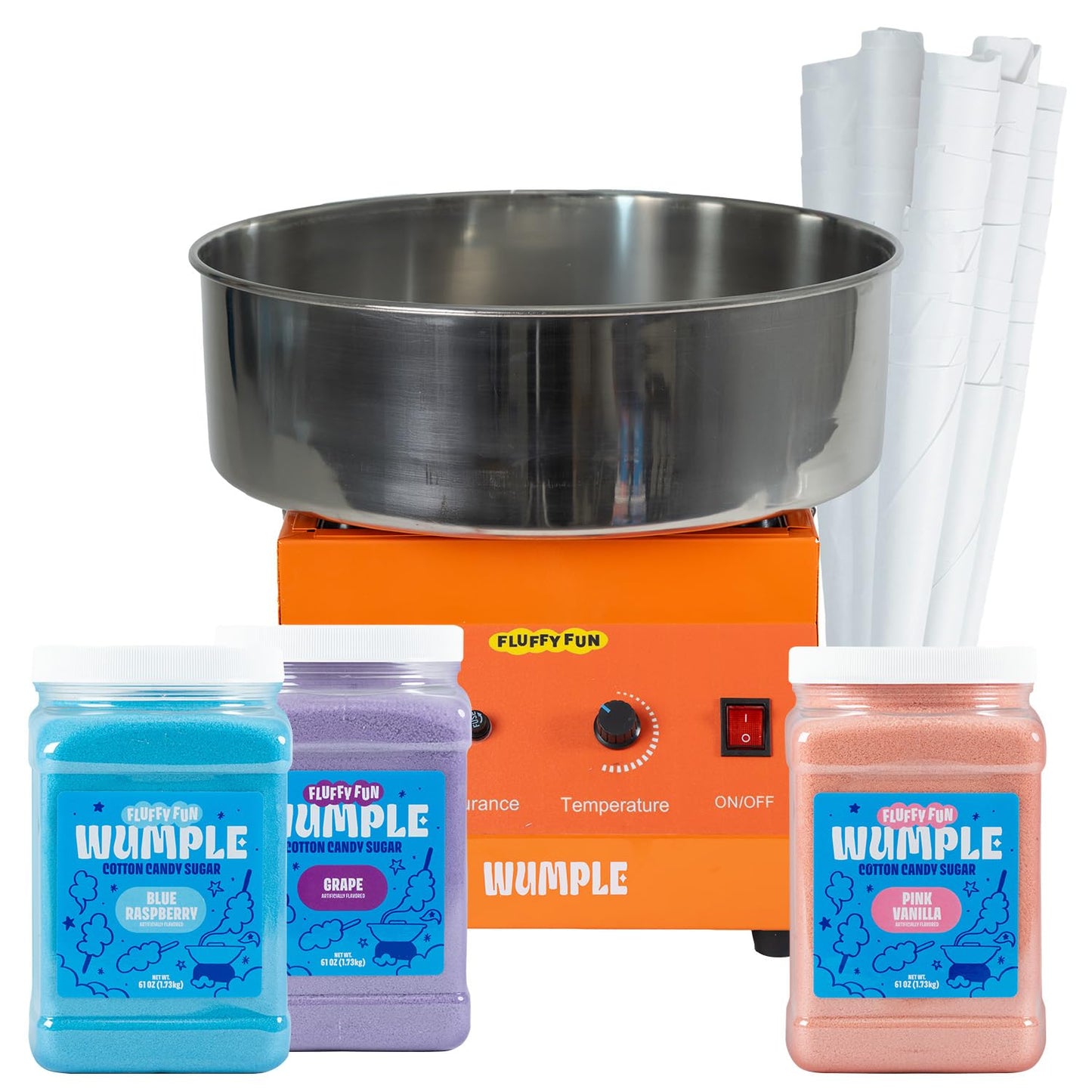 Wumple Cotton Candy Machine Kit Bundle with Flavored Sugars & Cones - Commercial Electric Cotton Candy Machine with Supplies, Stainless Steel Bowl for Parties - Orange