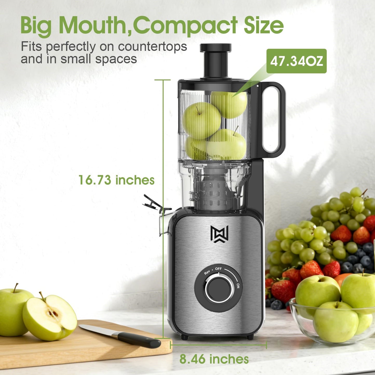 IWODTECH Cold Press Juicer,Stainless Steel Material,Juicer Machines with 5.0Inch Wide Feed Chute,Slow Masticating Juicer for Vegetables and Fruits with High Juice Yield,Large Auger,Easy to Clean
