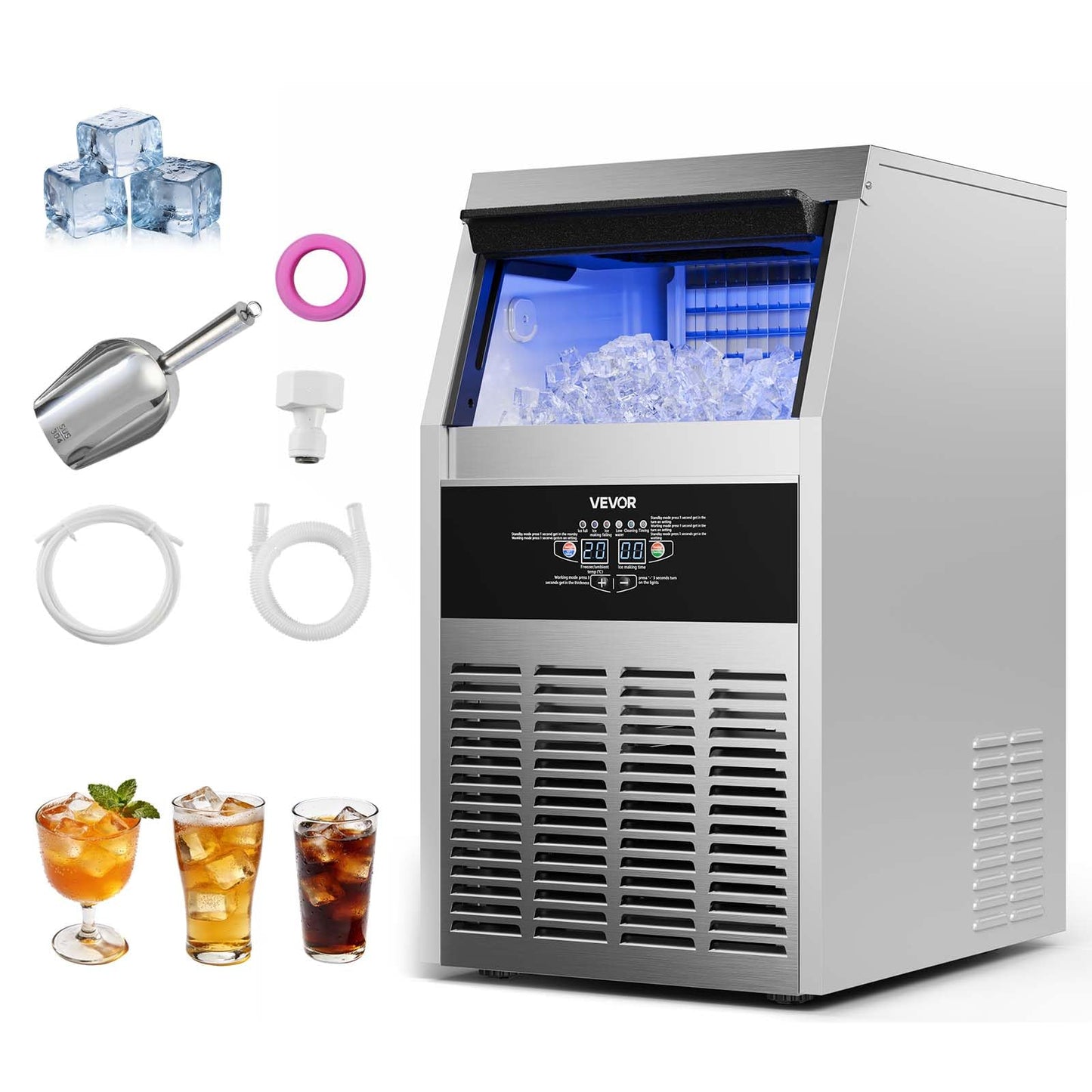 VEVOR Commercial Ice Maker Machine, 130 lbs/24h with 16-30 lbs Storage Capacity, Built-in/Freestanding/Under Counter, Stainless Steel Ice Maker with LED Display & Self-Cleaning, Home Bar Restaurant