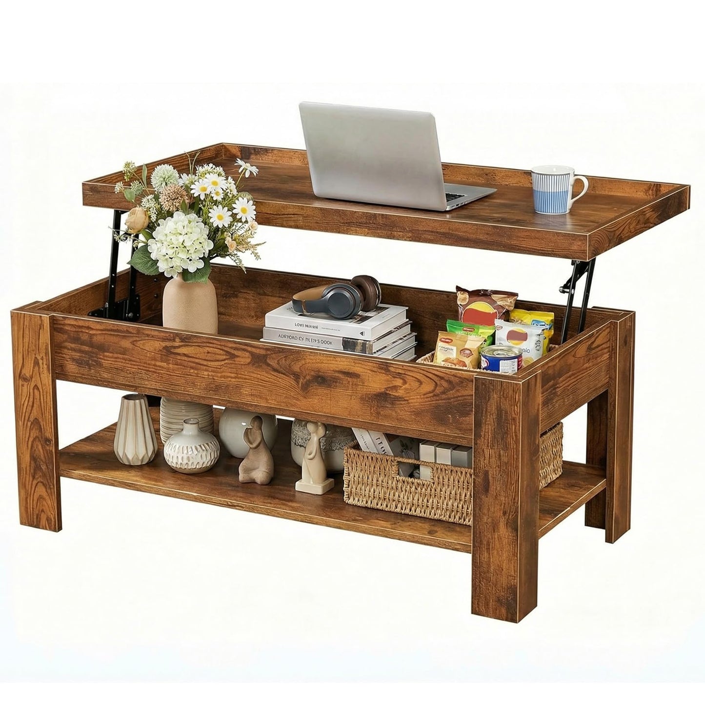 Lift Top Coffee Table with Hidden Storage, Modern Rising Tabletop Desk for Small Spaces, Wood Center Table with Large Compartment and Shelf for Living Room Apartment Dorm
