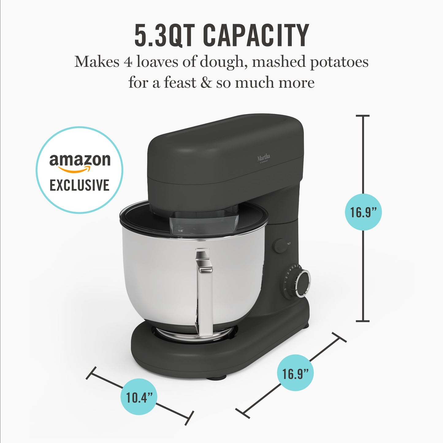 Martha Stewart 5.3Qt Stand Mixer, 12-Speed Tilt-Head Electric Kitchen Mixer with Stainless Steel Bowl, Dough Hook, Whisk & Beater, Splash Guard, Ideal for Baking Bread, Cake & Whipping, Caviar Gray